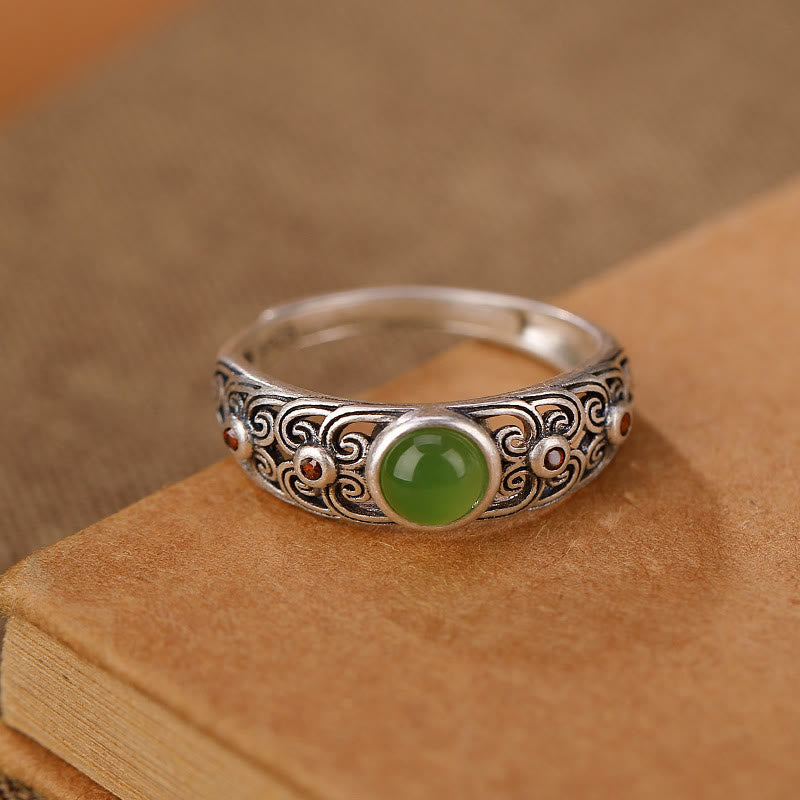 Anillo ajustable de armonía de jade cian hetiano de plata de ley 925 con Buddha Stones