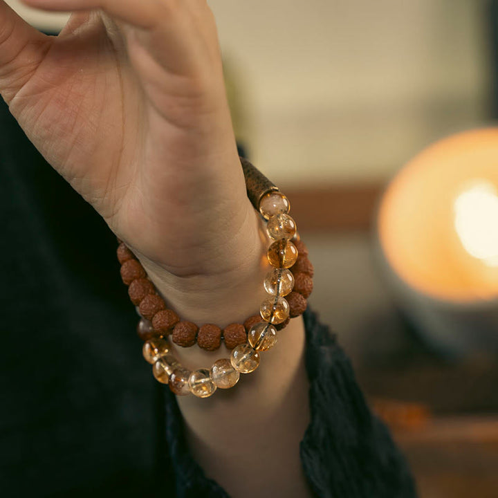 Buddha Stones, cristal de citrino Natural, Rudraksha, semilla de Bodhi, cuentas de latón, pulsera de doble envoltura para prosperidad
