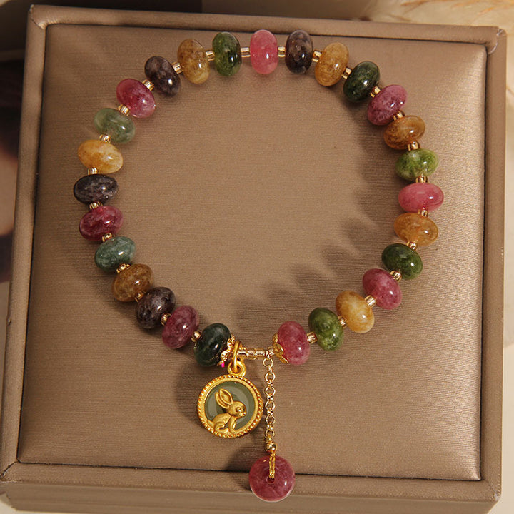 Pulsera positiva con dije de conejo lindo de turmalina colorida natural con Buddha Stones