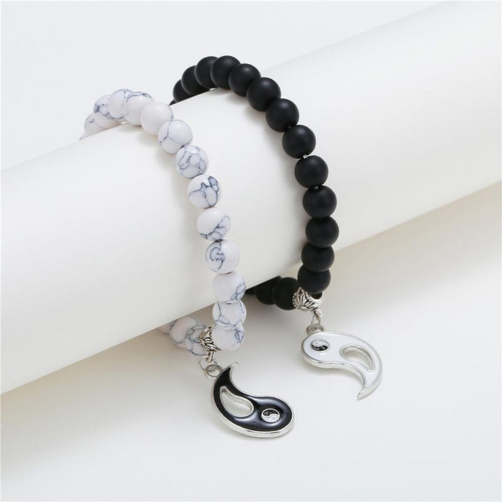 Buddha Stones 2 uds. Pulsera de pareja Yin Yang con cuentas de turquesa blanca y ónix negro Natural