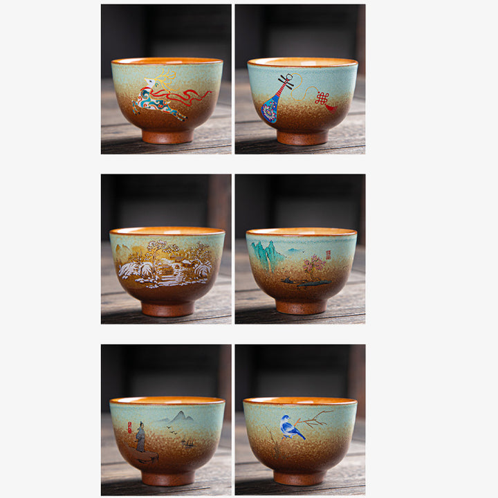 Buddha Stones, ciervo colorido, Pipa, nieve, flores de ciruelo, montañas, ríos, pájaro, taza de té de cerámica, tazón de té de Kung Fu