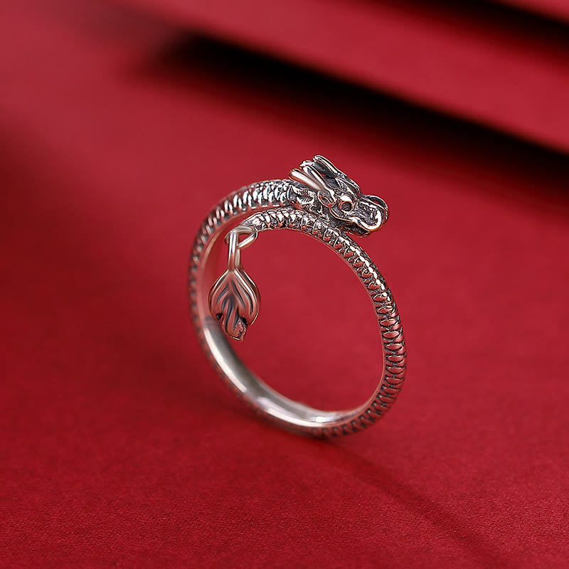 Anillo ajustable de plata de ley 925 con Buddha Stones , diseño vintage del Año del Dragón, protección de la suerte