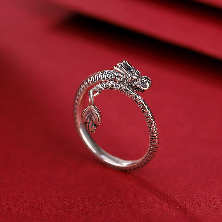 Anillo ajustable de plata de ley 925 con Buddha Stones , diseño vintage del Año del Dragón, protección de la suerte