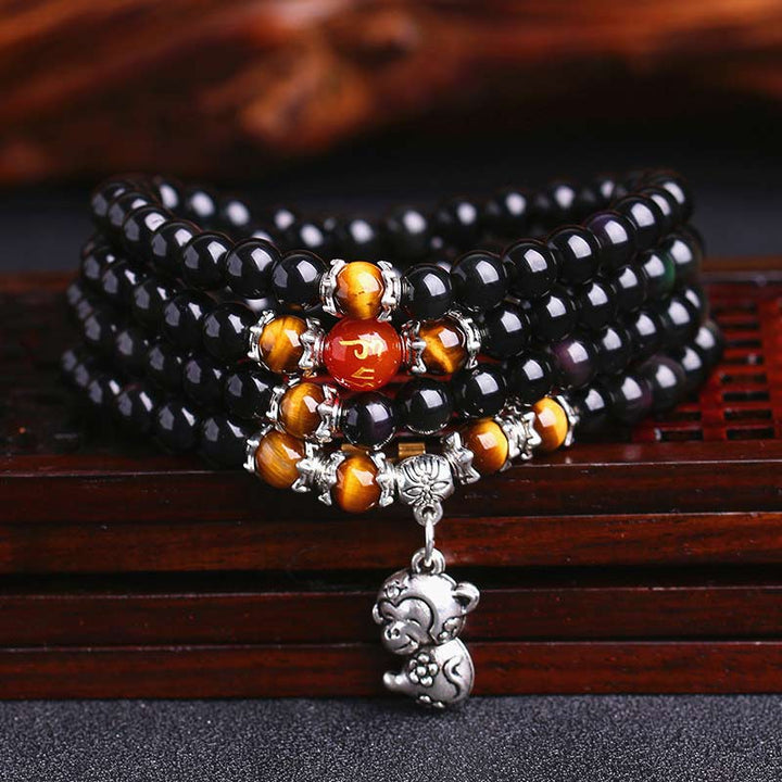 Pulsera de Mala de la fortuna con ojo de tigre de obsidiana negra con 108 cuentas del zodiaco chino
