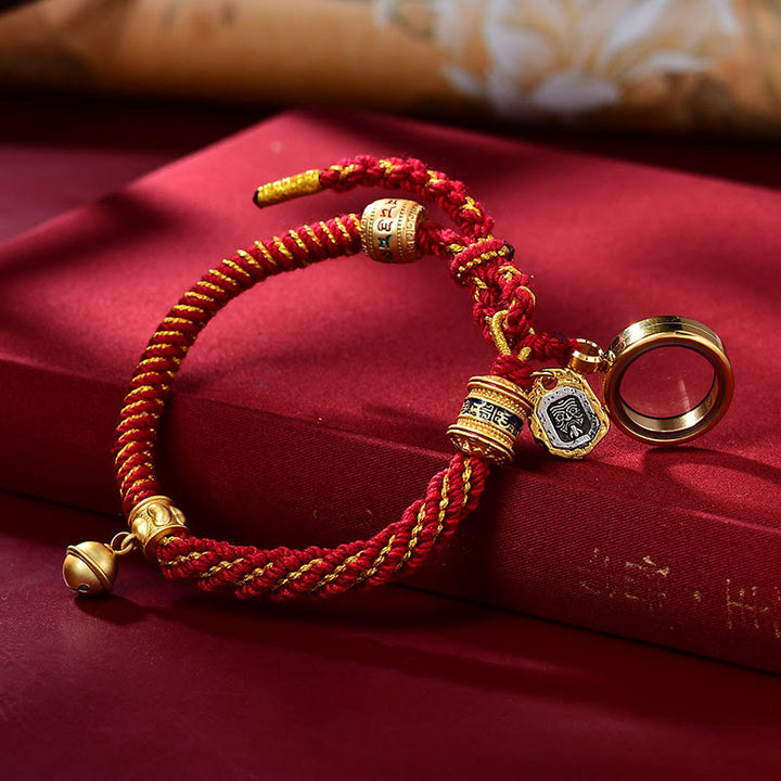 Buddha Stones tibetano Om Mani Padme Hum tallado Zakiram diosa de la riqueza amuleto pulsera - Caja de oración de oro rojo y ghau (circunferencia de muñeca: 14-20 cm) - image 7
