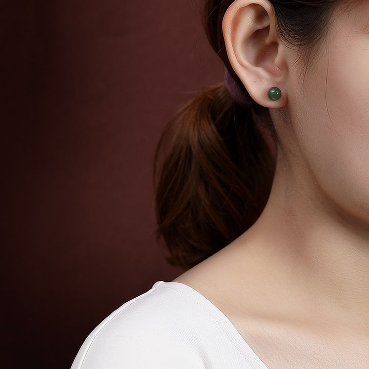 Pendientes de tuerca de plata de ley 925 con Buddha Stones , redondos, jade cian curativo y tranquilo
