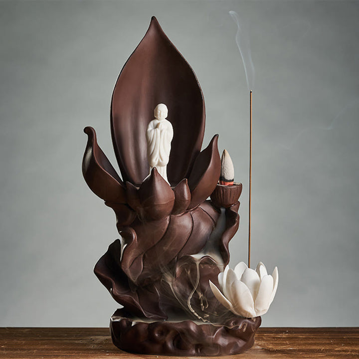Quemador de incienso de arcilla púrpura, iluminación, Buddha Stones de loto, Avalokitesvara, decoración