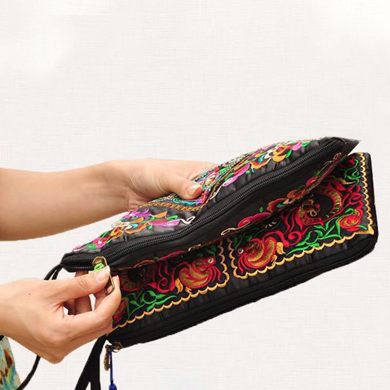 Cartera de compras con bordado de flores de Buddha Stones, dragón, mariposa, cosmos