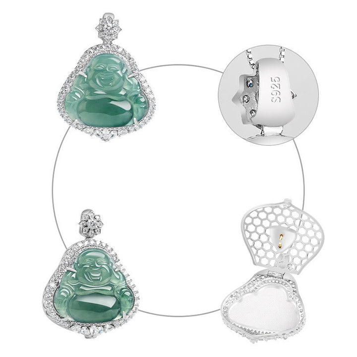 Colgante de cadena de plata de ley 925 con Buddha Stones , Buda sonriente, jade natural, suerte, abundancia - image 6