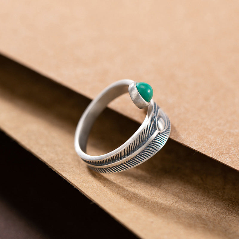 Anillo de protección de plumas de cuentas de malaquita de plata de ley 925