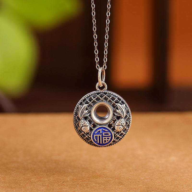 Collar con colgante de plata de ley 999 con Buddha Stones , diseño de pez Koi Fu con hebilla de loto y paz
