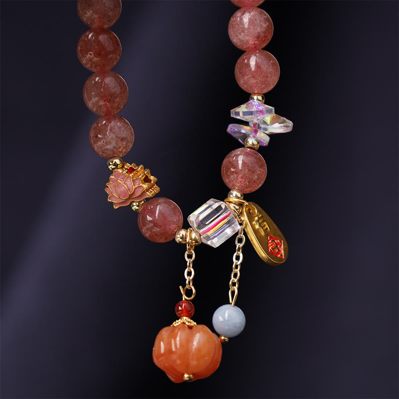 Pulsera positiva con dije de calabaza con personaje Fu de cuarzo fresa natural con Buddha Stones