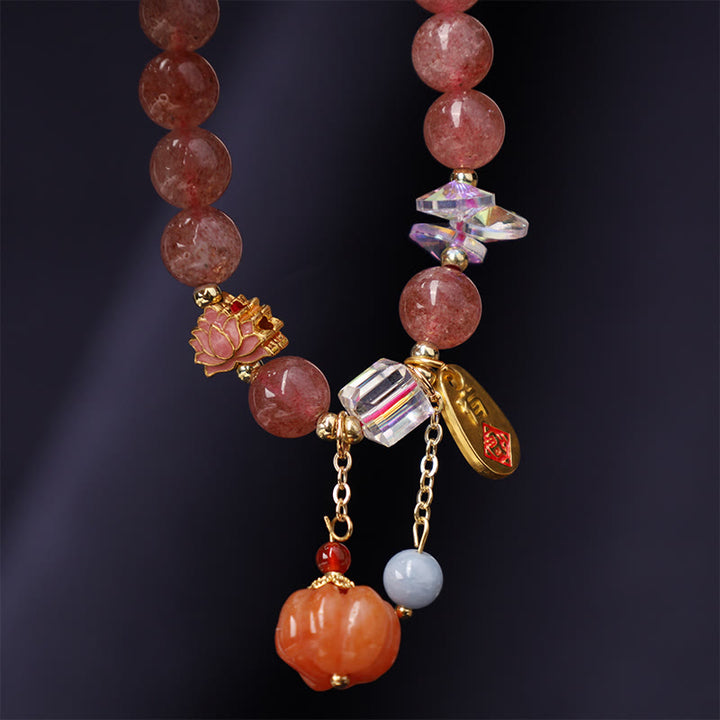 Pulsera positiva con dije de calabaza con personaje Fu de cuarzo fresa natural con Buddha Stones