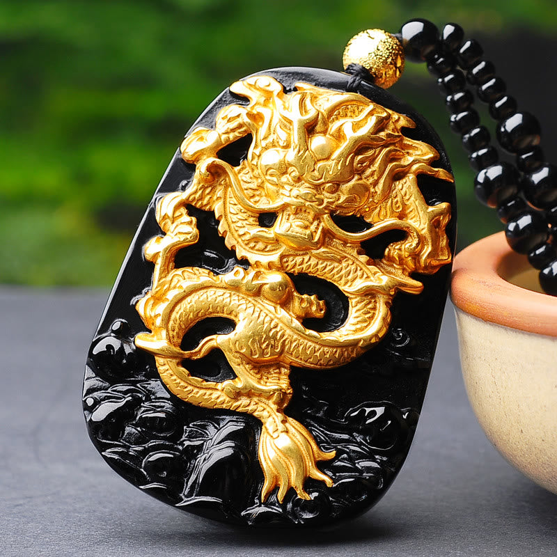 Collar con colgante de la suerte de obsidiana dragón chapado en oro de 18 quilates con Buddha Stones - image 2