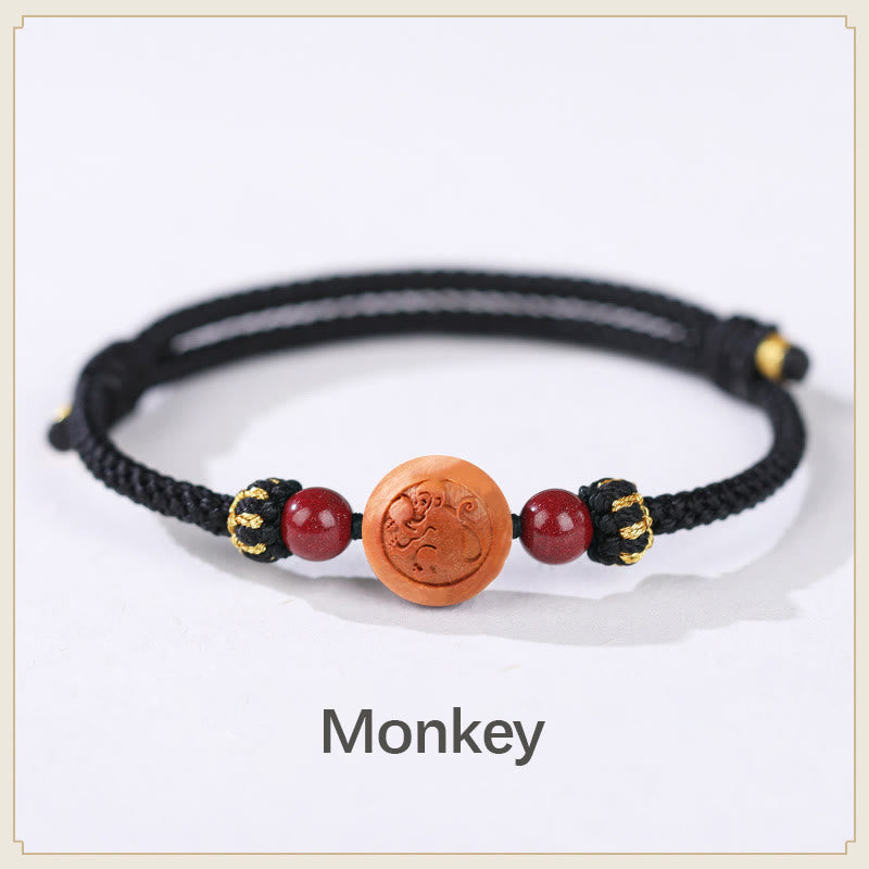 Pulsera de riqueza de cinabrio tallada con carácter del zodíaco chino, madera de melocotón Natural, Buddha Stones