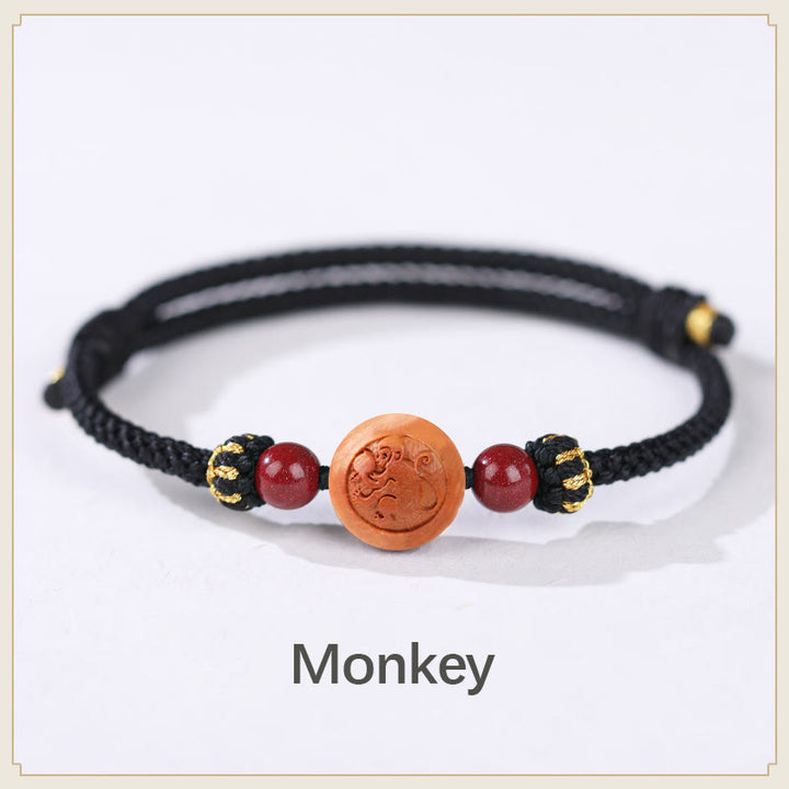 Pulsera de riqueza de cinabrio tallada con carácter del zodíaco chino, madera de melocotón Natural, Buddha Stones