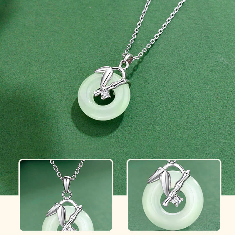 Collar con colgante de plata de ley 925 con Buddha Stones , jade hetiano, hoja de bambú, hebilla de la paz y prosperidad