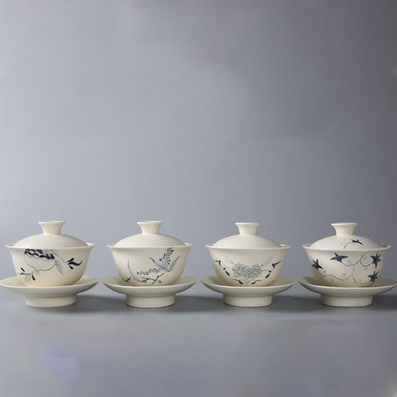 Buddha Stones pintadas a mano, Granada, hibisco, pino, loto, cerámica, Gaiwan Sancai, taza de té de Kung Fu y platillo con tapa