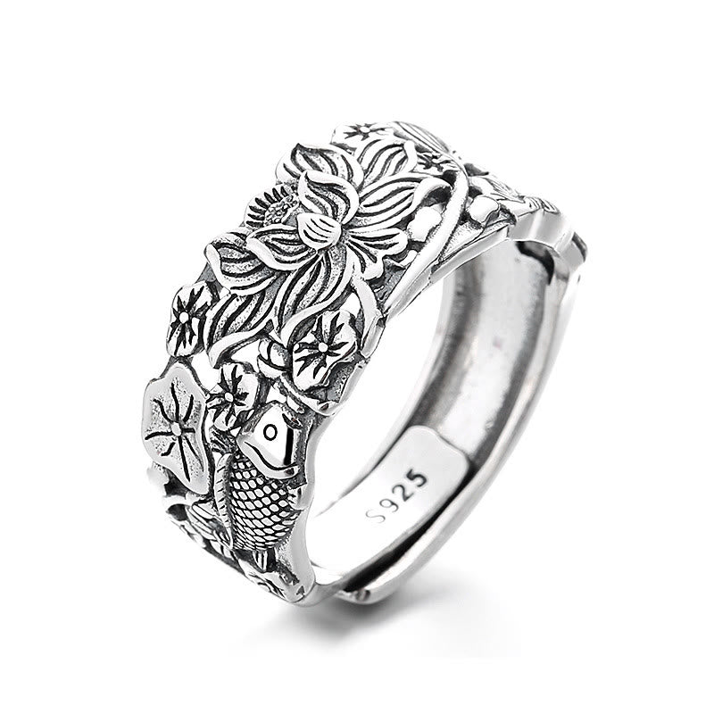Anillo de prosperidad de flor de loto con pez koi de plata de ley 925 con Buddha Stones