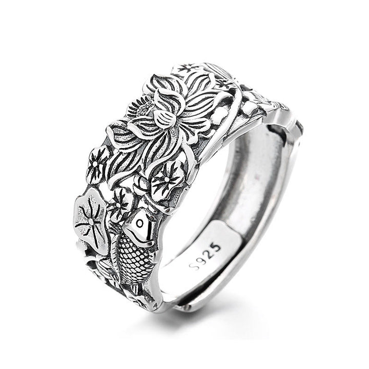 Anillo de prosperidad de flor de loto con pez koi de plata de ley 925 con Buddha Stones