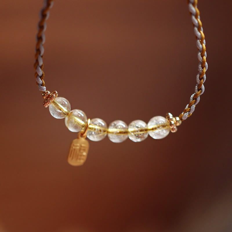 Pulsera trenzada de la suerte con carácter Fu de Cuarzo rutilado con calabaza de jade natural de plata de ley 925