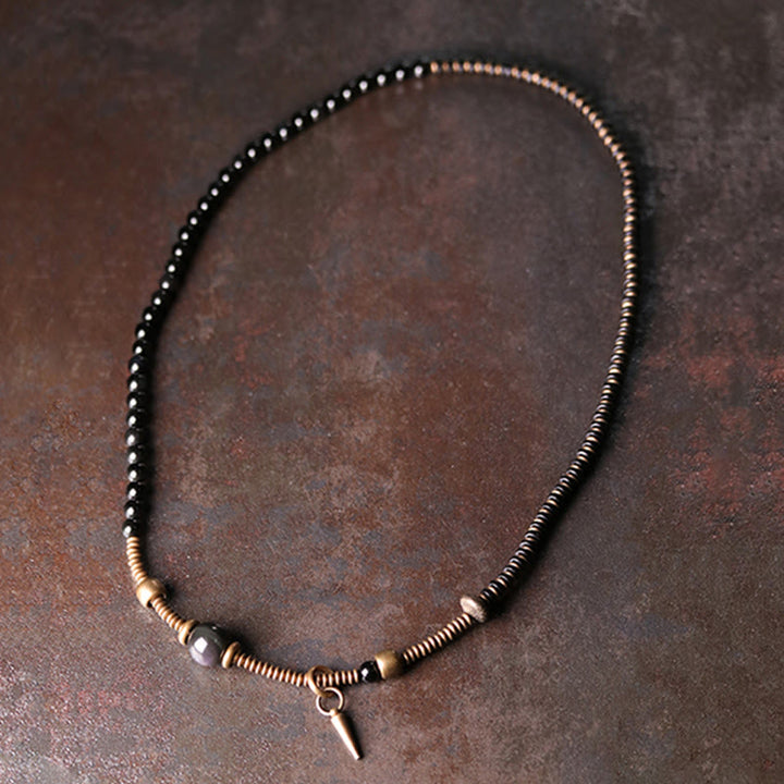 Pulsera de triple envoltura curativa de cobre y madera de ébano, obsidiana arcoíris con Buddha Stones