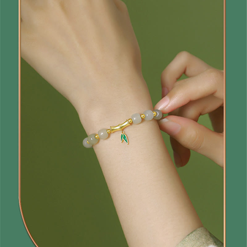 Pulsera de la suerte de bambú de jade blanco hetiano de plata de ley 925 con Buddha Stones