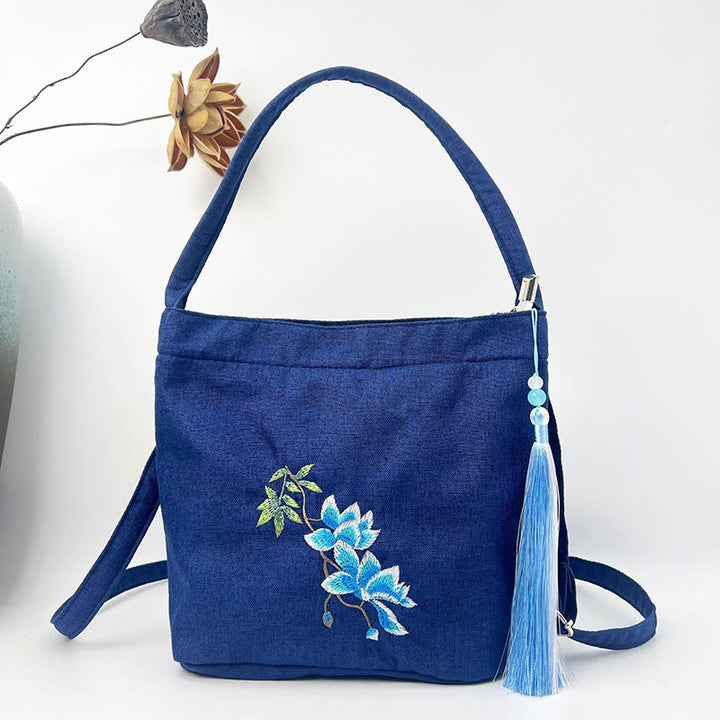 Buddha Stones, glicina, ciruela, loto, flor de cerezo, algodón, lino, lona, bolso cruzado, bolso de hombro