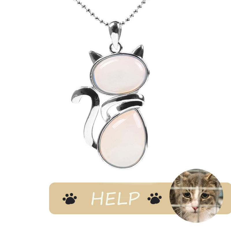 &quot;Save A Cat&quot; Lindo patrón de gato Protección de cristal natural Collar con colgante amante de los gatos