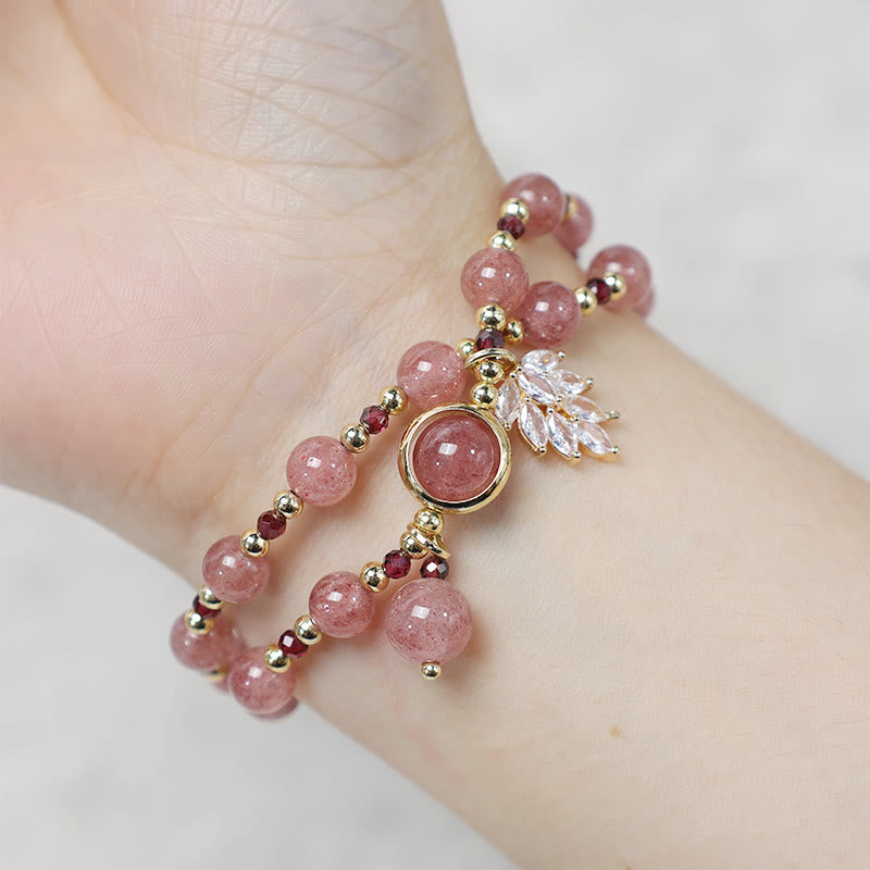 Pulsera de doble envoltura con dije de hoja de arce curativo de amor de cuarzo fresa natural
