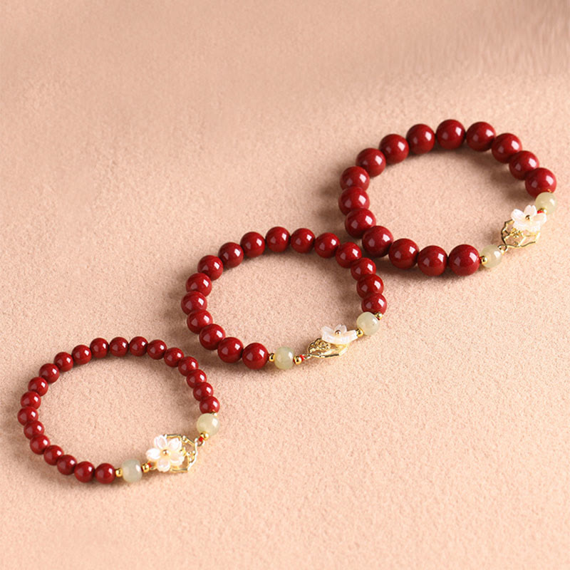 Pulsera de bendición de flores de piedra Tridacna con cuentas de jade cinabrio Natural de Buddha Stones