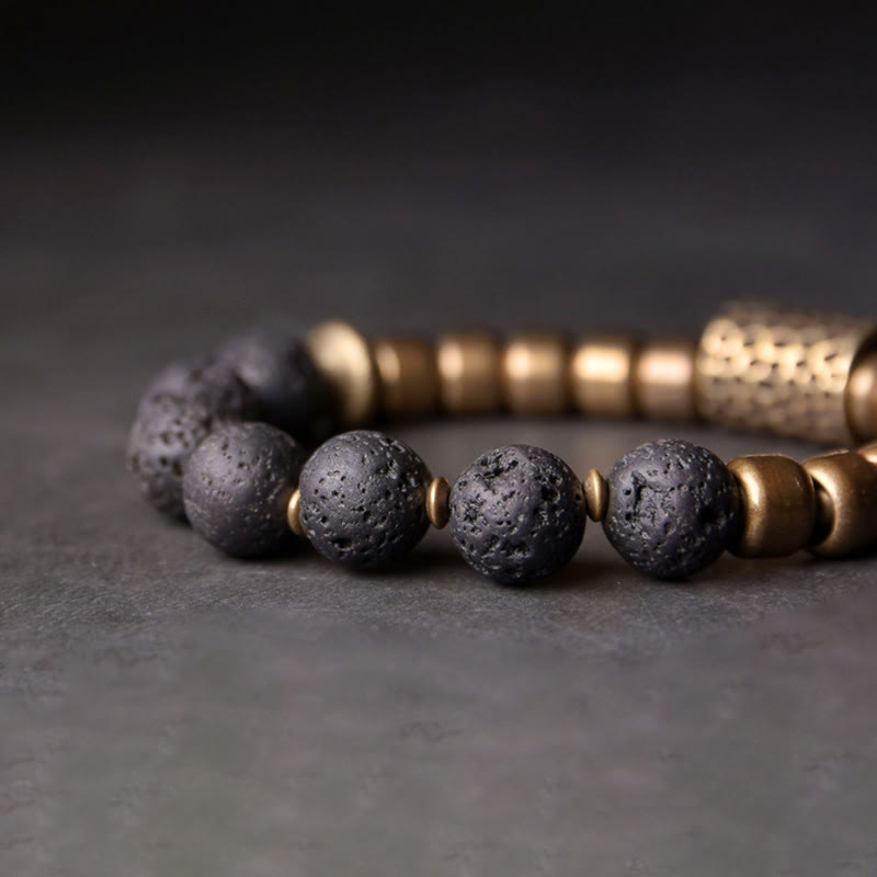 Pulsera de soporte curativo de Buddha Stones, roca de lava, obsidiana arcoíris y latón. - image 2