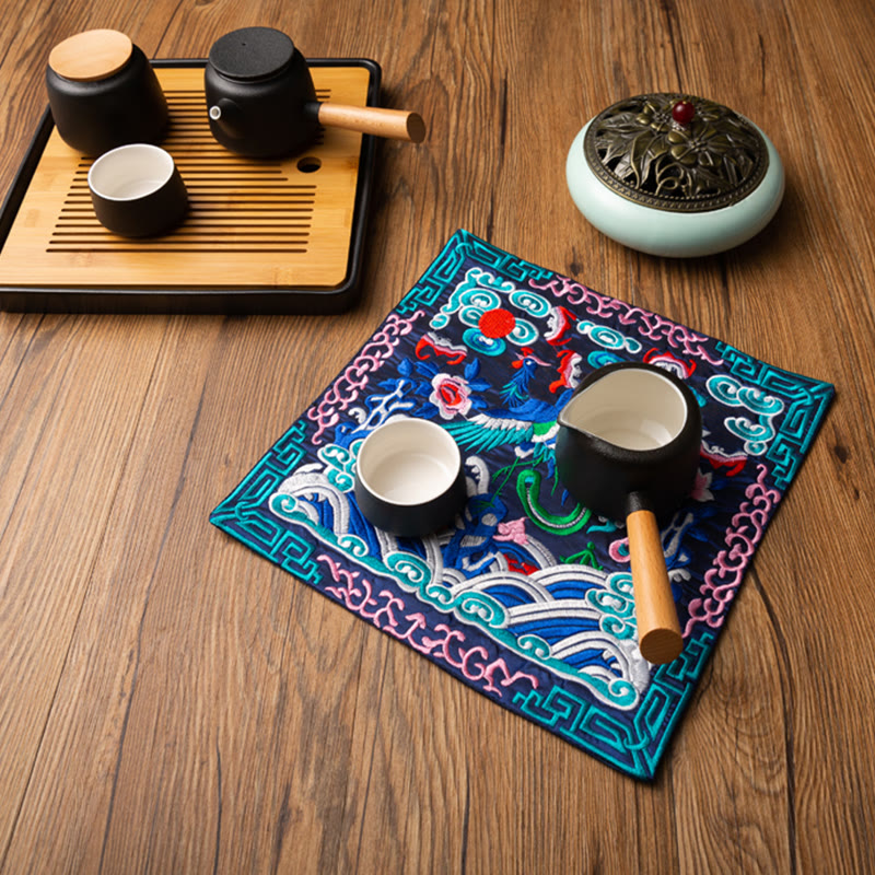 Alfombrilla para taza bordada con Buddha Stones , dragón Fénix, Kirin, posavasos para taza de té, tapete para té Kung Fu