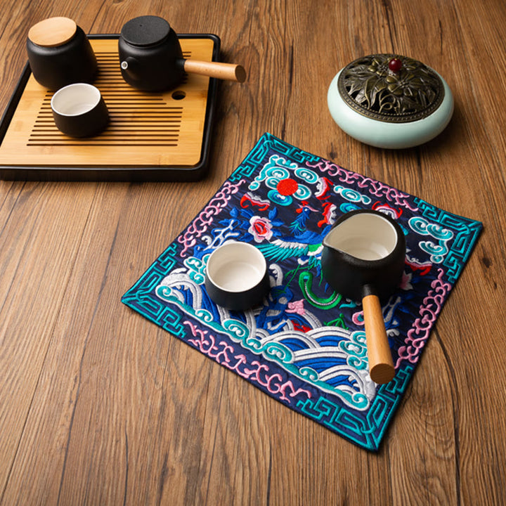 Alfombrilla para taza bordada con Buddha Stones , dragón Fénix, Kirin, posavasos para taza de té, tapete para té Kung Fu