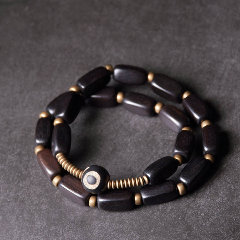 Pulsera de doble envoltura con cuentas Dzi de madera de ébano del Tíbet con Buddha Stones