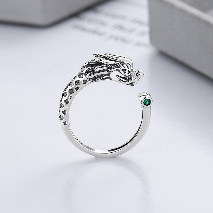 Anillo de metal ajustable con protección de la suerte del Año del Dragón de plata de ley 925 con Buddha Stones