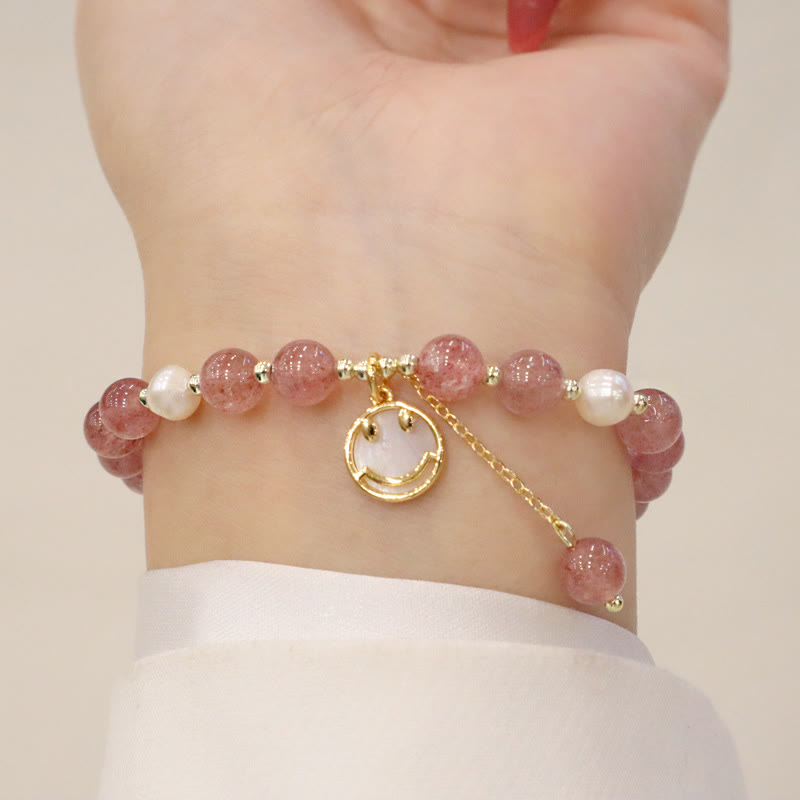 Pulsera curativa con dije de personaje Fu de cola de pez con cara sonriente de alce y perlas de cuarzo fresa con Buddha Stones