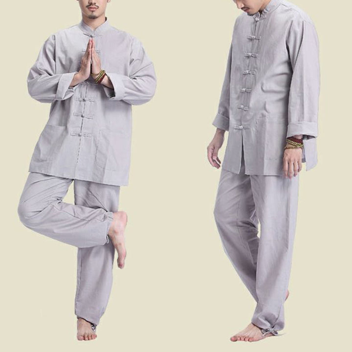 Conjunto de ropa de yoga para hombre con diseño de botón de rana china y Buddha Stones, de lino y algodón para meditación y oración - image 1