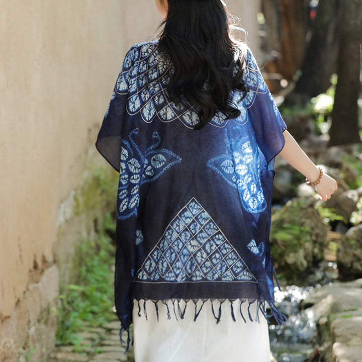Jersey de viaje acogedor con borlas y chal Batik de mariposa azul con Buddha Stones 90*95cm