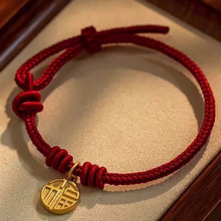 Pulsera de cuerda roja hecha a mano con Buddha Stones, ocho hilos, nudo de la paz, personaje Fu, suerte, felicidad