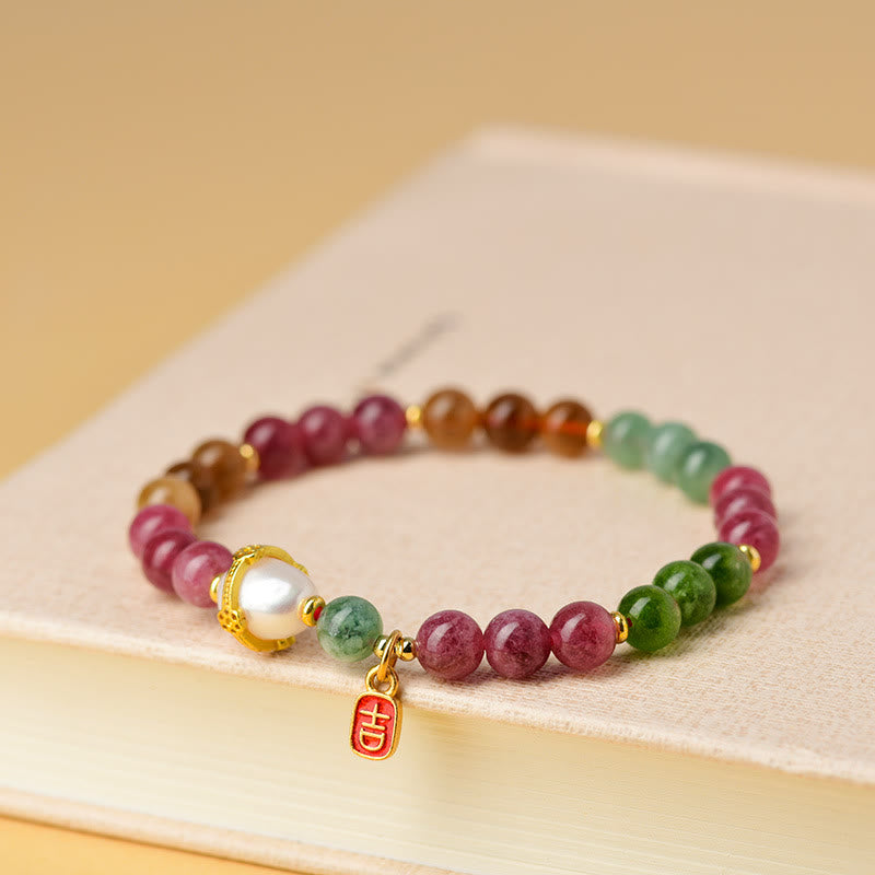 Pulsera de la sabiduría del encanto del carácter auspicioso de la perla de turmalina multicolor natural de las Buddha Stones