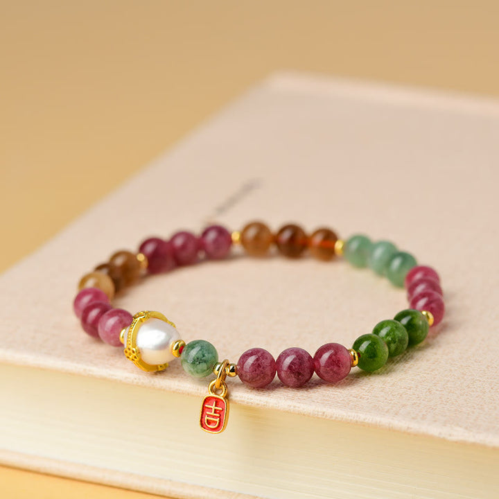 Pulsera de la sabiduría del encanto del carácter auspicioso de la perla de turmalina multicolor natural de las Buddha Stones