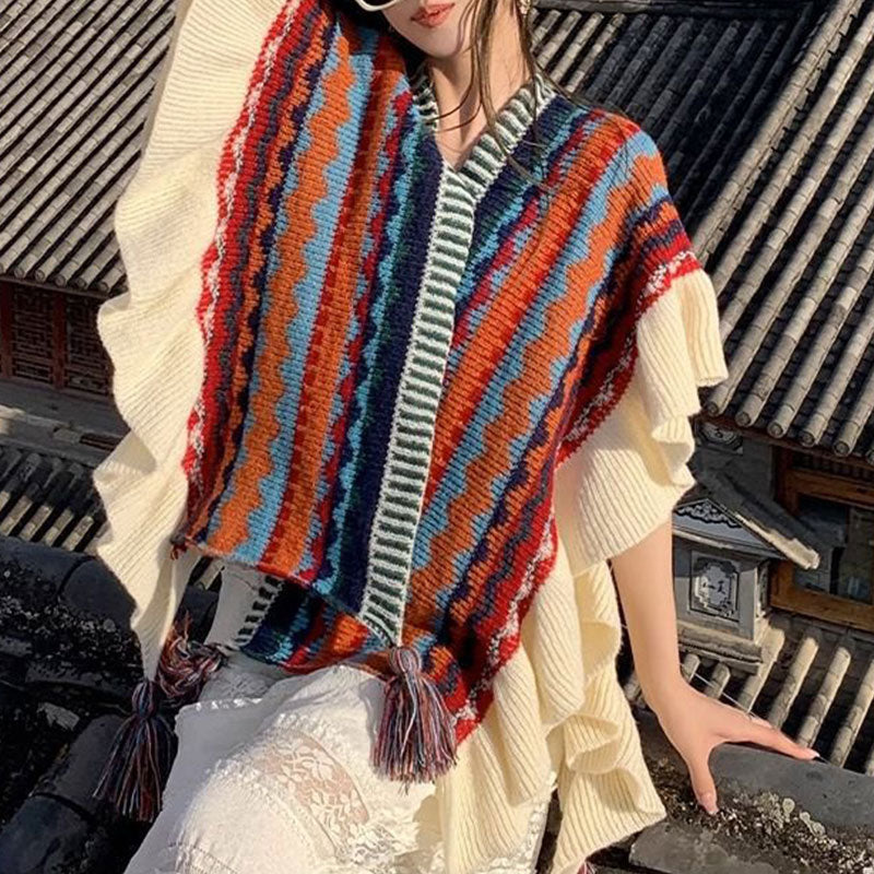 Mantón tibetano de Buddha Stones, bufanda de viaje acogedora de invierno con borlas de línea ondulada a rayas coloridas