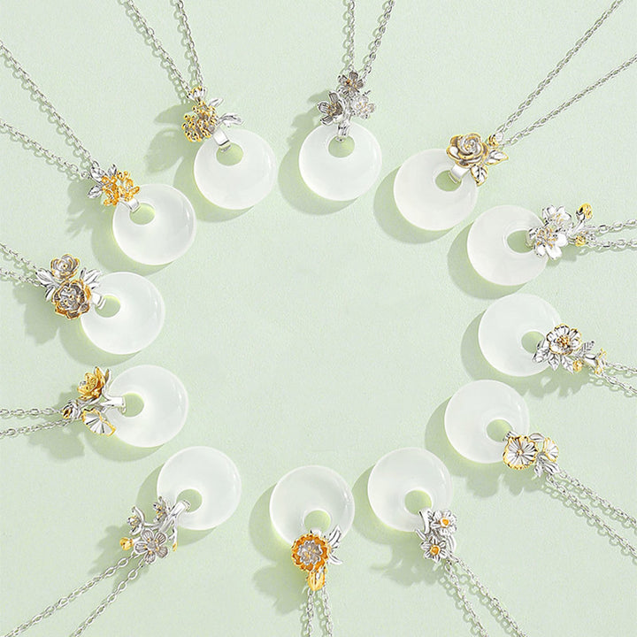 Colgante de collar de armonía de flores de doce meses de calcedonia redonda de plata de ley 925 con Buddha Stones
