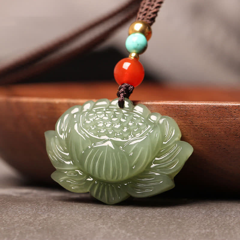 Collar con colgante de flor de loto de jade cian hetiano con Buddha Stones - image 2