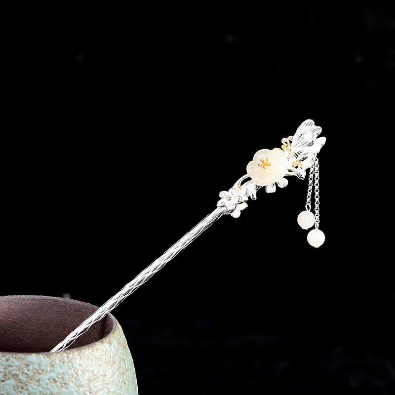 Horquilla de bendición de flor de jade blanco hetiano de plata de ley 925 - Jade blanco Hetian y plata de ley 925 - image 0