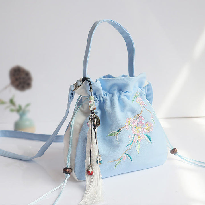 Bolso de hombro de lona con flores bordadas hechas a mano con Buddha Stones - Flor de durazno azul y blanca 20*20cm - image 31
