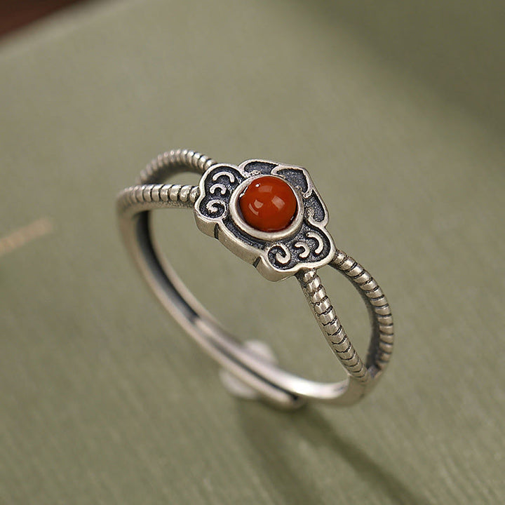 Anillo de pensamiento lógico con cuentas de ágata roja de plata de ley 925 con Buddha Stones