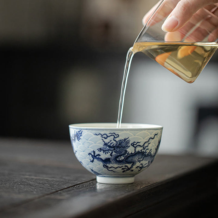 Tazas de té de cerámica con diseño de dragón azul y Buddha Stones, tazas de té de Kung Fu