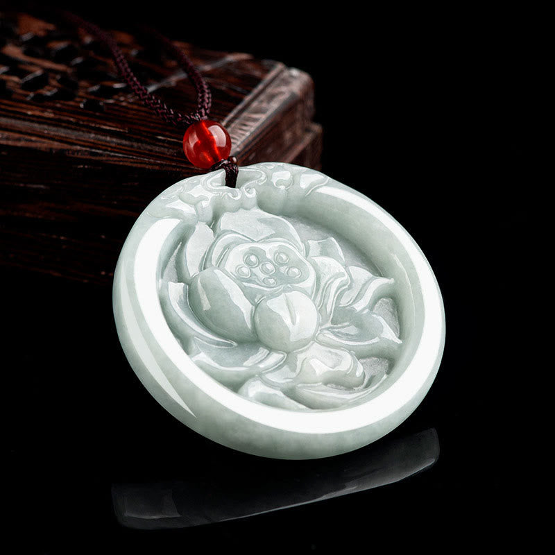 Colgante de collar de prosperidad tallada con flor de loto de jade natural con Buddha Stones - image 3